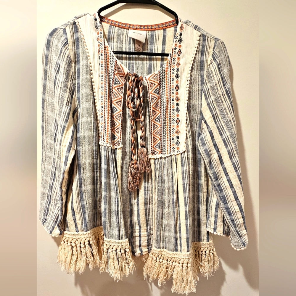 Knox Rose Blue and Cream Striped Embroidered Tassel Blouse